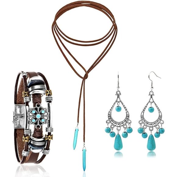 3 Pieces Bohemian Turquoise Necklace for Women Western Jewelry Boho Turq… - Picture 1 of 7